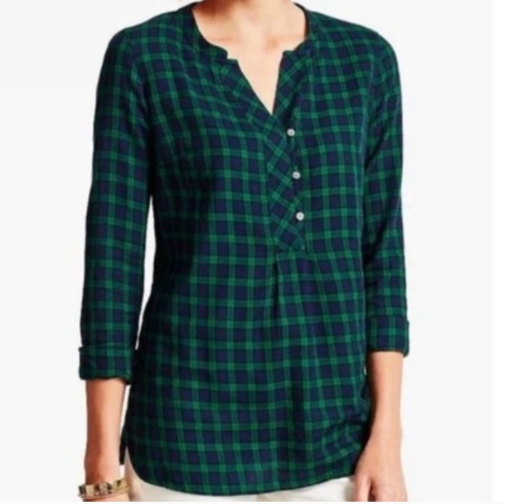 Talbots Green and Navy Plaid Button Henley Top Blouse